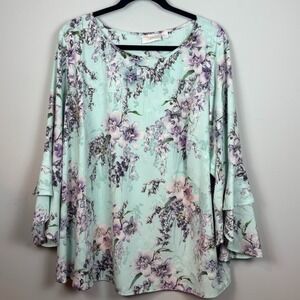Belle Kim Gravel Blue Floral Bell Sleeve Ruffle Lightweight Blouse‎ Womens 2XL